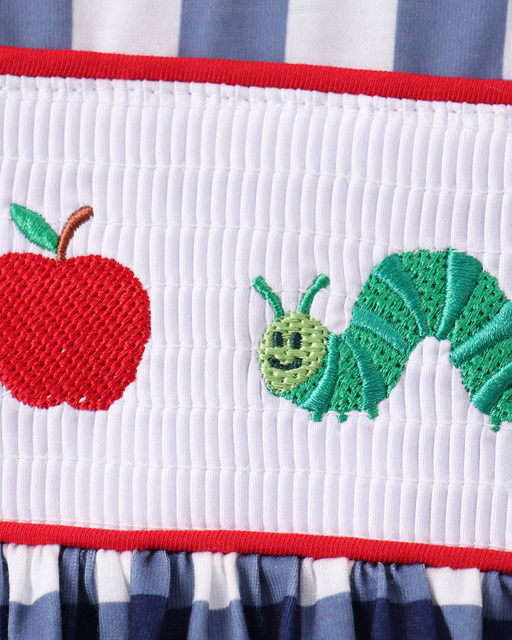 Smocked gingham shorts with red apple embroidery and scalloped red trim