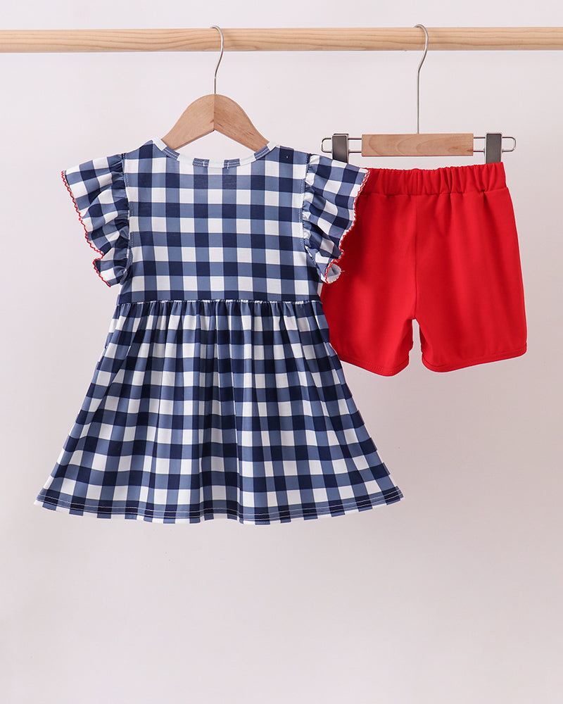 Navy gingham ruffle dress and red elastic-waist shorts set