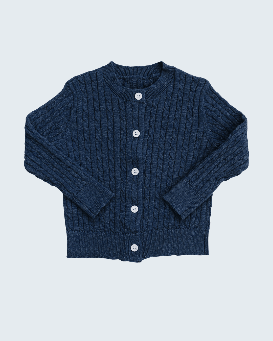 A dark navy blue cable-knit cardigan sweater with a button-up front, laid flat against a light gray background.