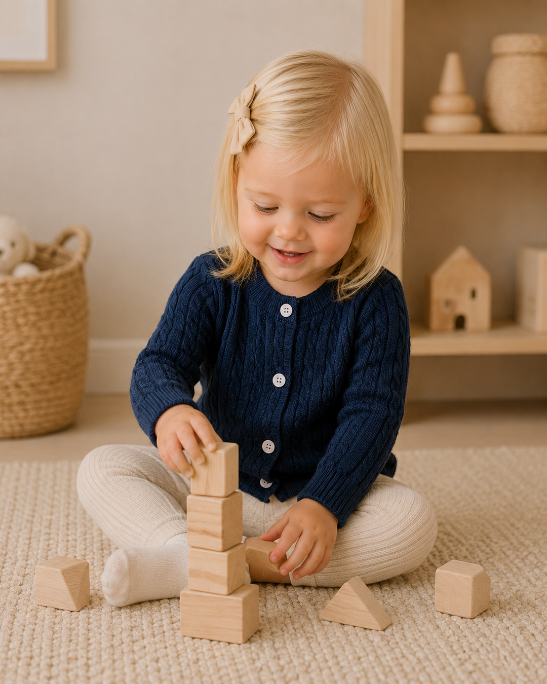 A young toddler with blonde hair sits on a woven rug in a nursery, wearing a navy blue cable-knit cardigan and cream ribbed pants while stacking light wood geometric blocks.