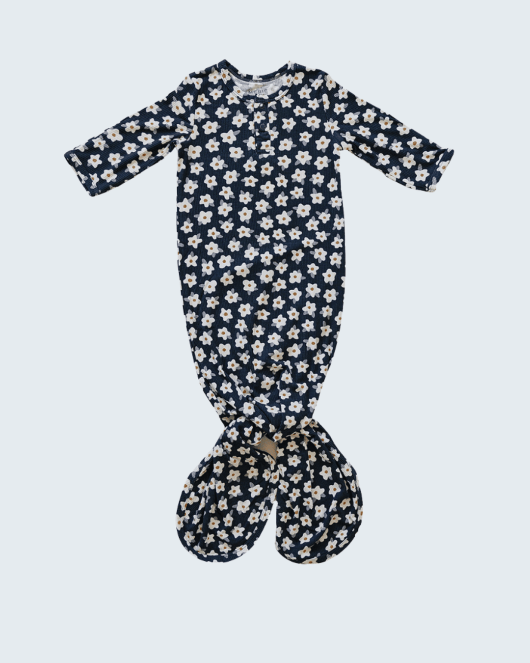 Navy floral baby gown on a light blue background