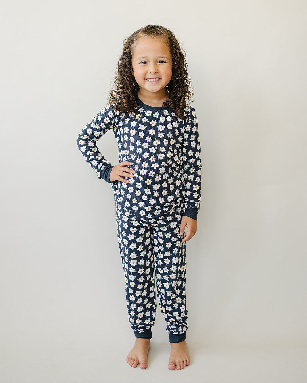 Kids navy daisy bamboo pajama set with ribbed knit long-sleeve top and pants