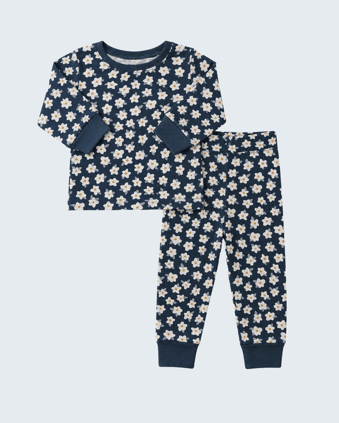 Navy daisy ribbed bamboo pajama set with long-sleeve top and matching pants