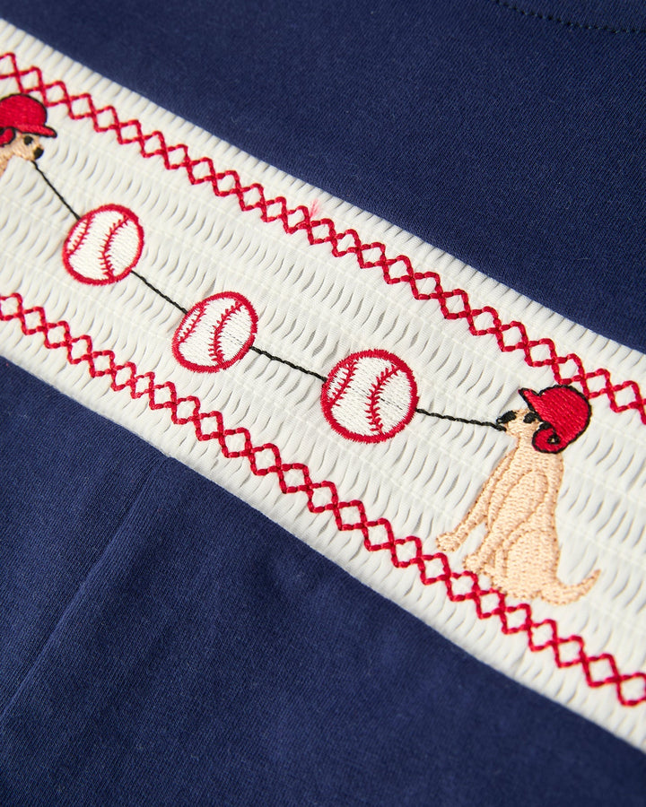 Dog Baseball Smocking Embroidered Romper