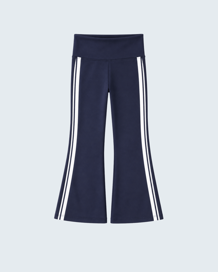 Navy flare active pants with double white vertical side stripes, flared wide leg hem