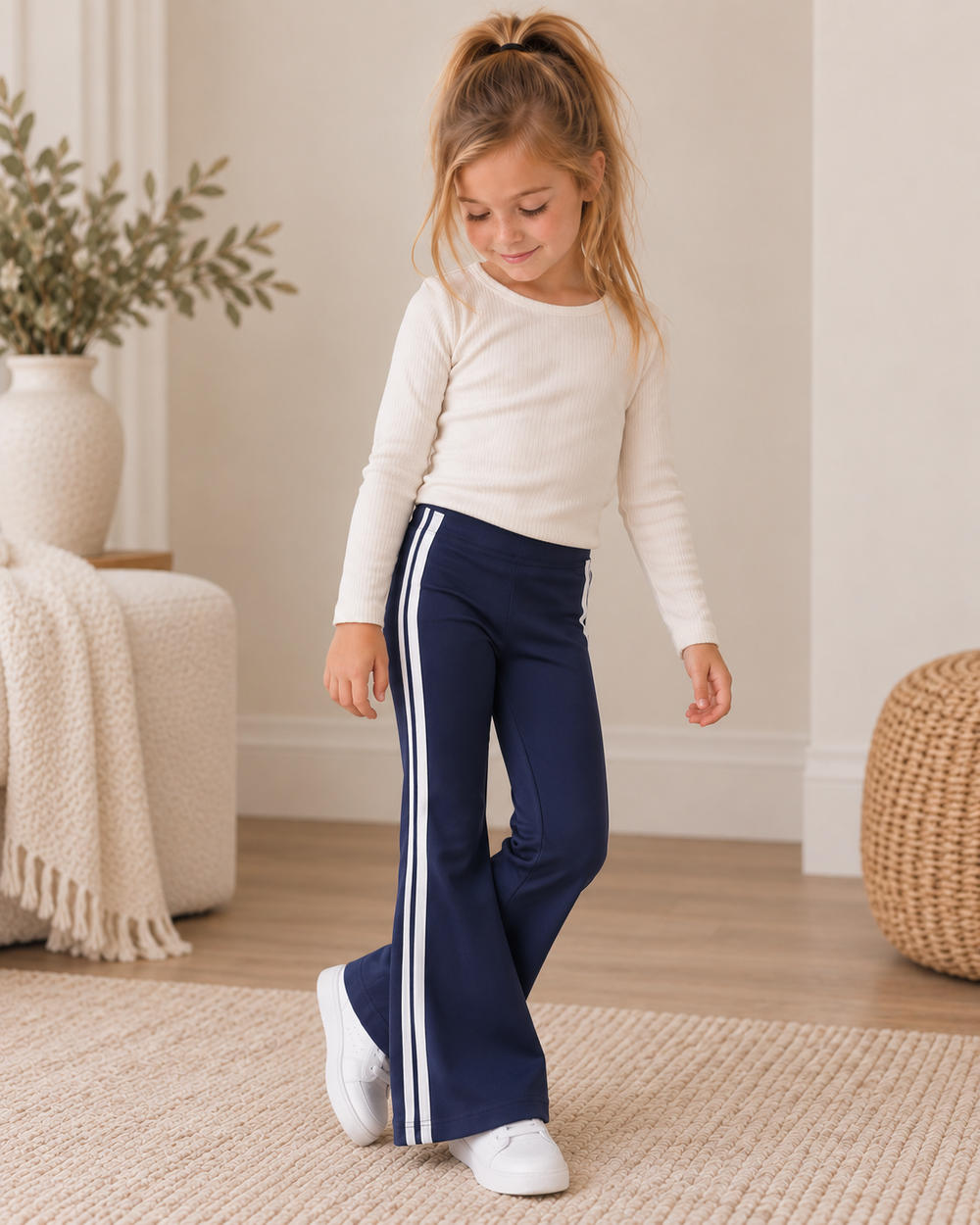 Navy flare active pants with double white side stripes, wide flared legs