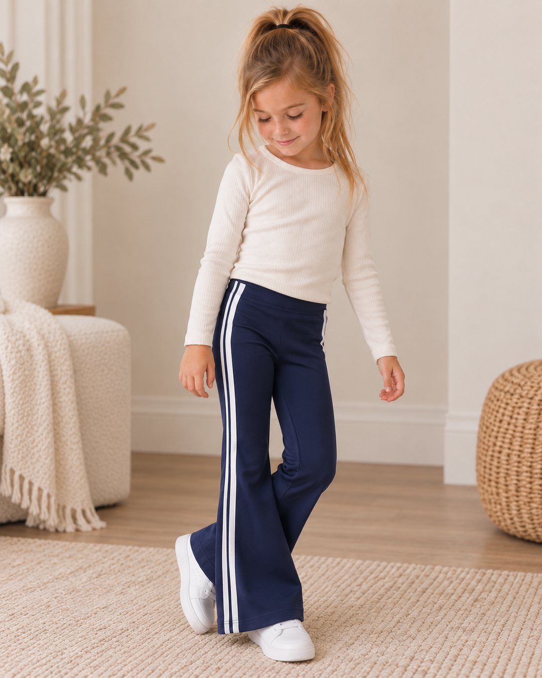 Navy flare active pants with double white side stripes, wide flared legs