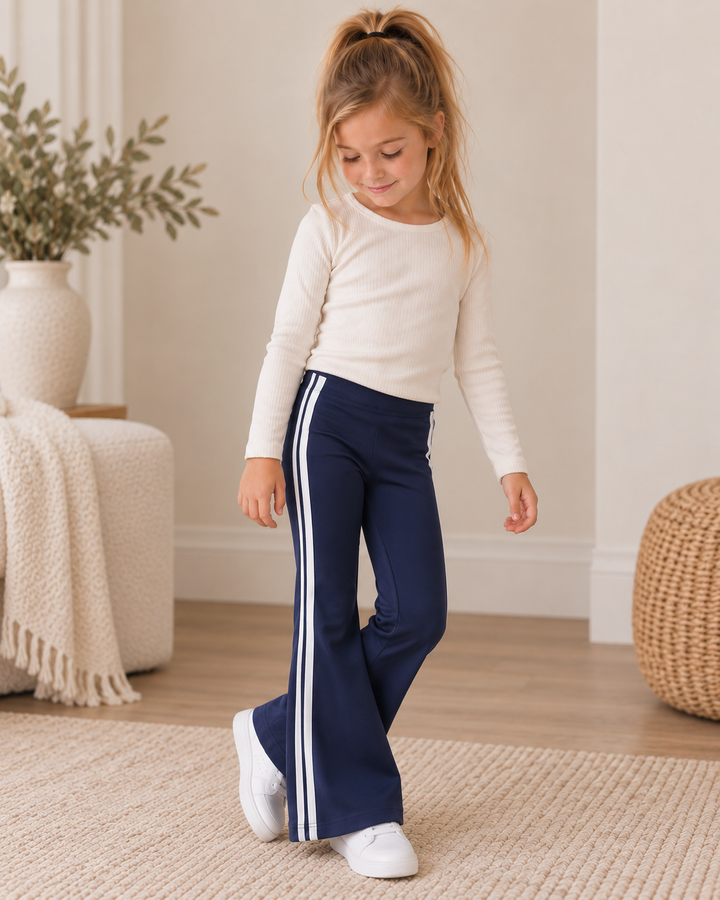 Navy flare active pants with double white side stripes, wide flared legs