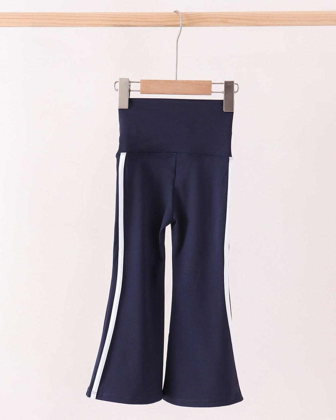 Navy double-side-striped active flare pants with wide leg fit