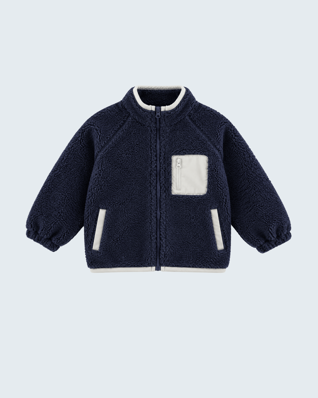 Navy fleece zip-up jacket with full zipper and two-tone chest pocket