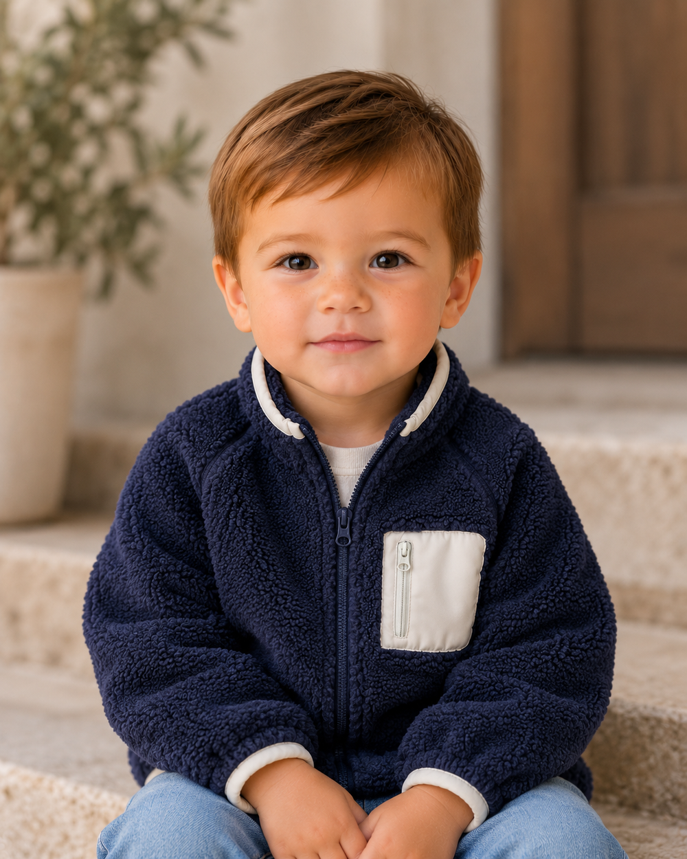 Navy fleece zip-up jacket on child, full zipper and white chest pocket