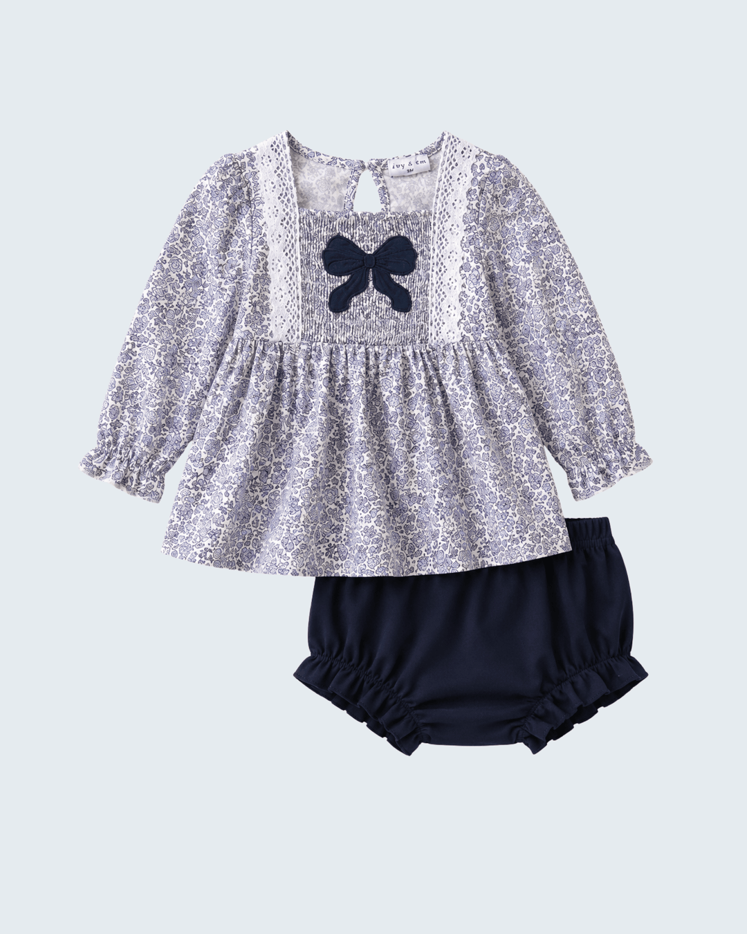 Navy Floral Bow Smocked Bloomer Set