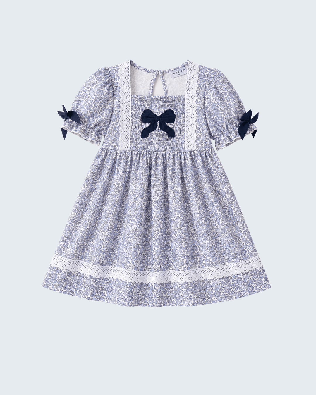 Navy Floral Bow Smocked Dress