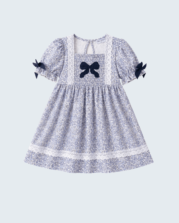 Navy Floral Bow Smocked Dress