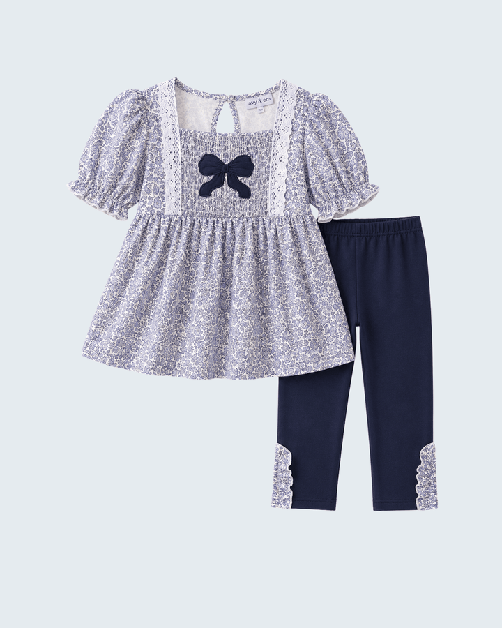 Navy Floral Bow Smocked Pants Set