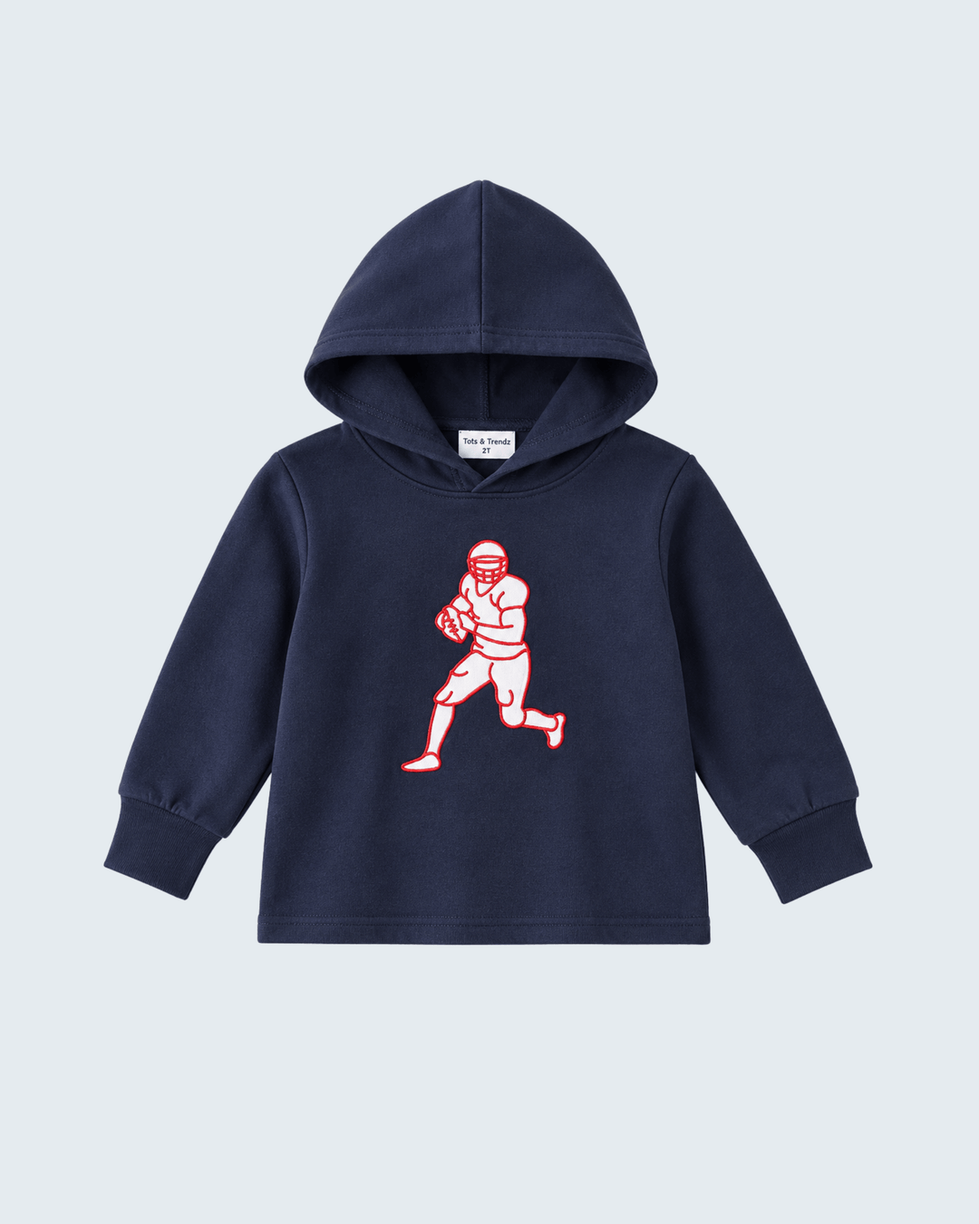 Navy hoodie with red football player applique on the chest
