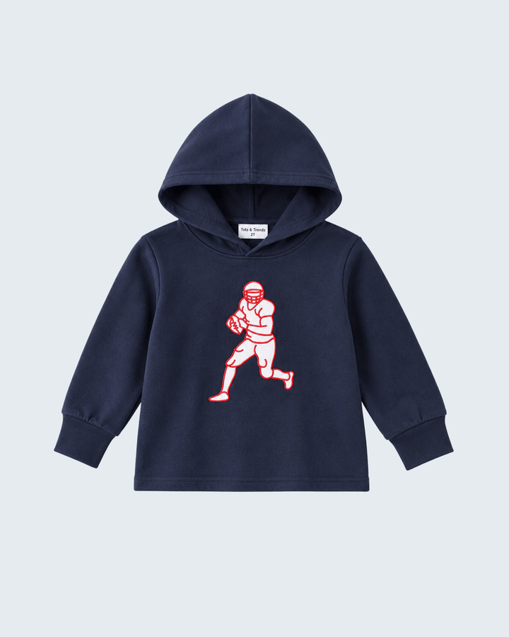 Navy hoodie with red football player applique on the chest