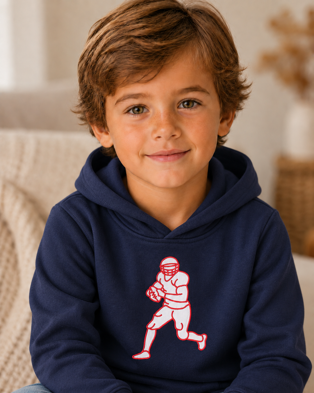 Navy hoodie worn by a child, red football player embroidery on chest