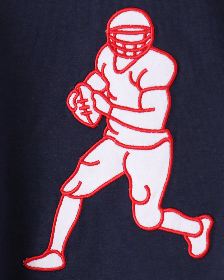 Navy hoodie with red football player embroidery on the front