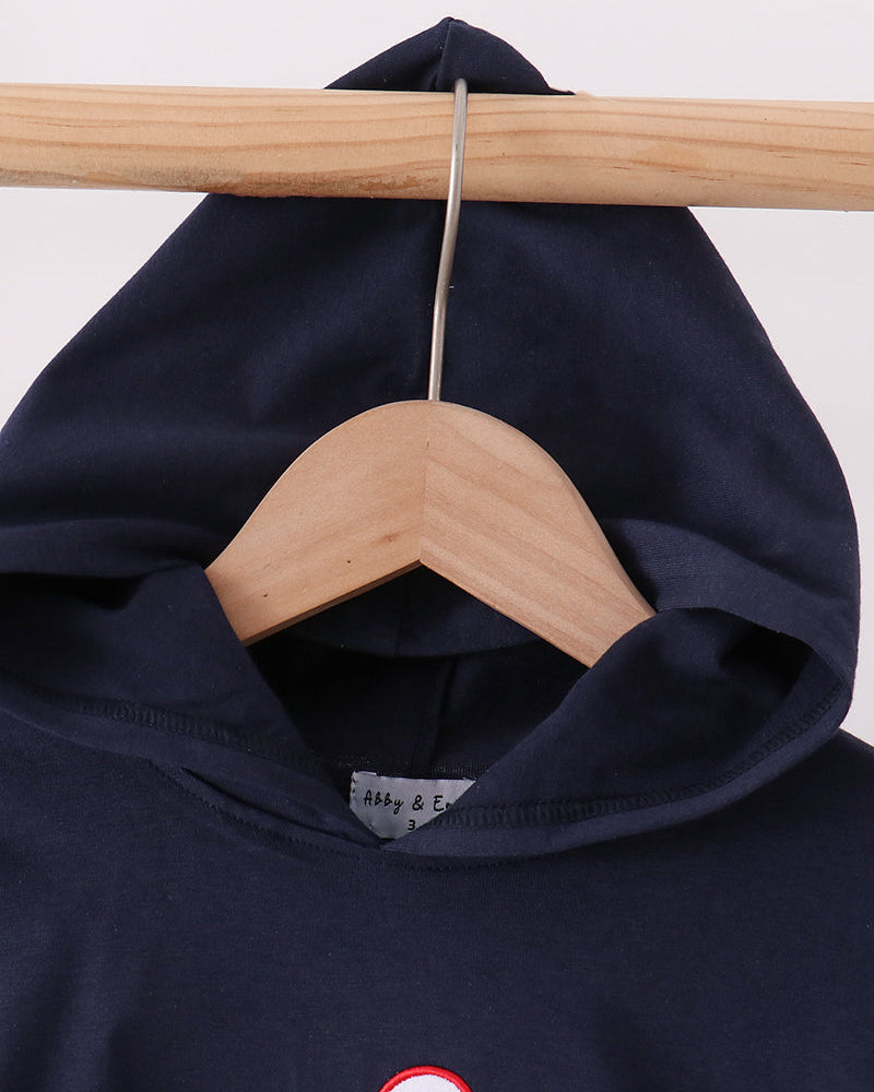 Navy hoodie neckline with hood lining and brand label