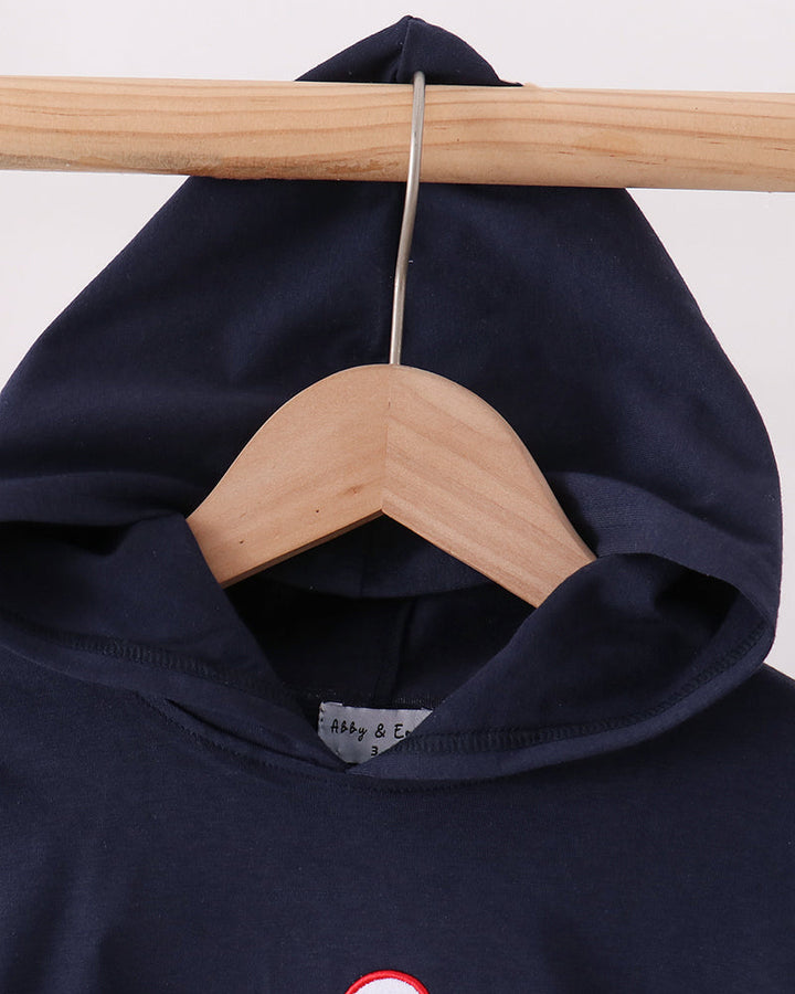 Navy hoodie neckline with hood lining and brand label