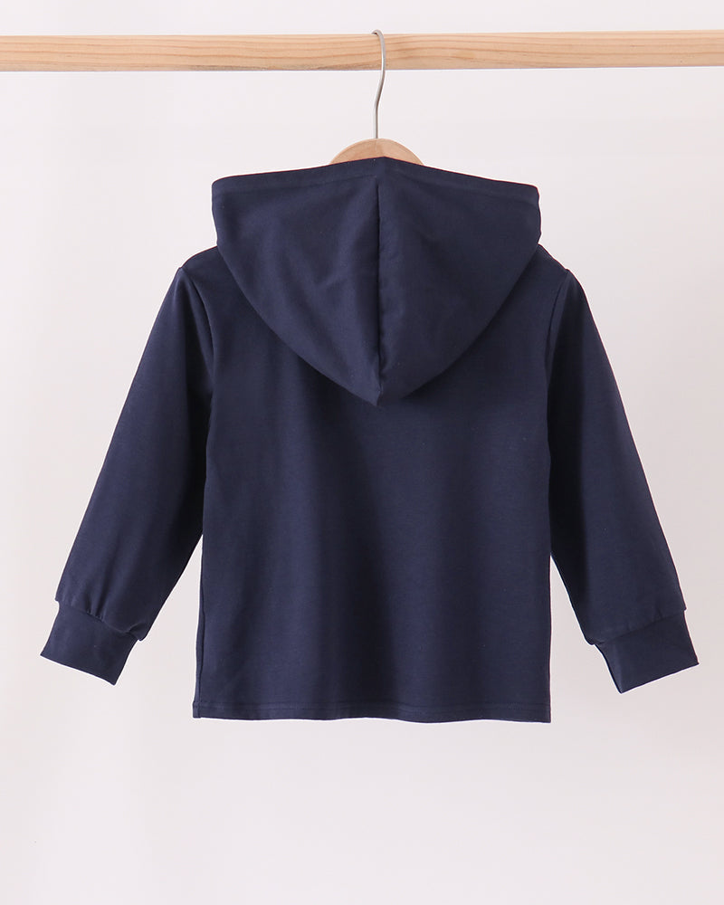 Navy pullover hoodie with hood and long sleeves, back view