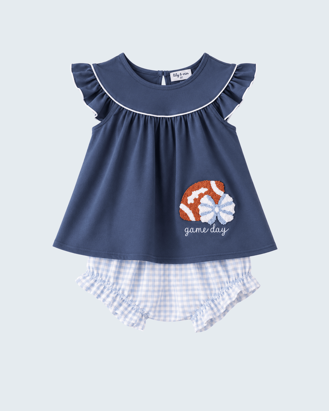Navy baby dress with football 'game day' applique and white gingham bloomer