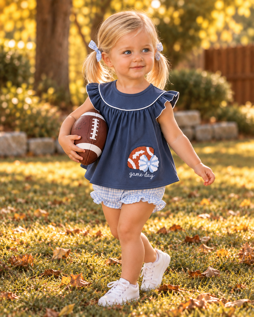 Toddler wearing navy dress with football applique and light gingham shorts