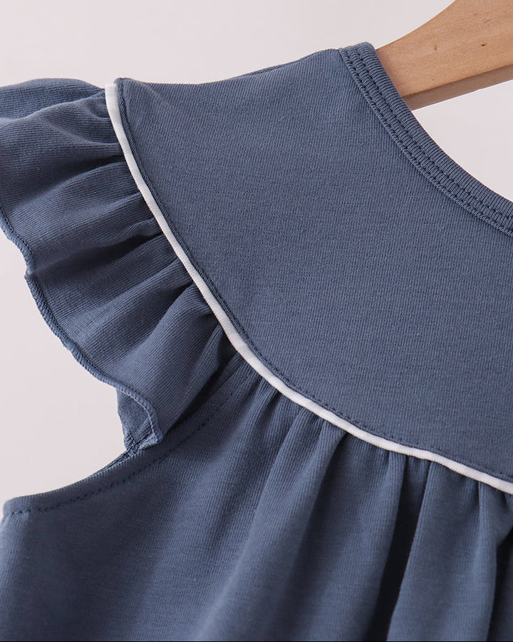 Navy baby dress with ruffled cap sleeves, white-trim neckline, gathered skirt