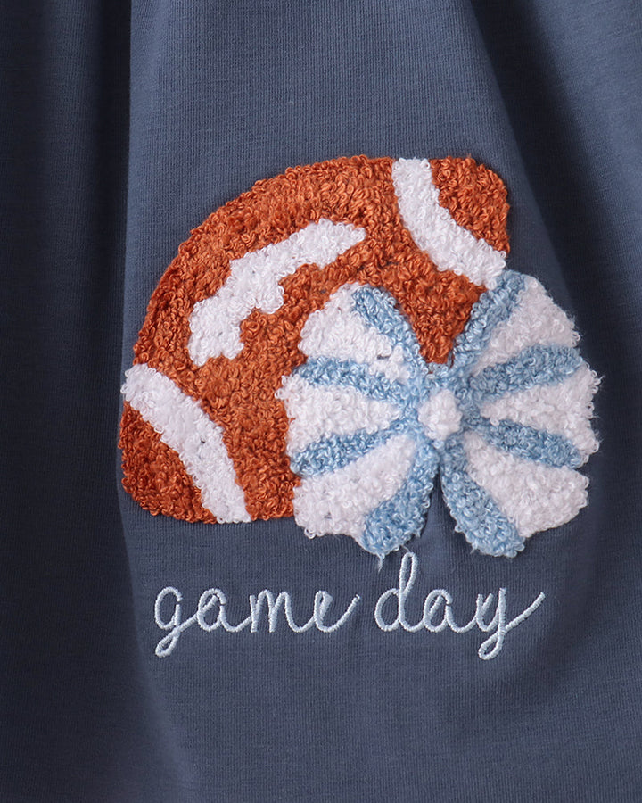 Navy dress with embroidered football applique and cursive &