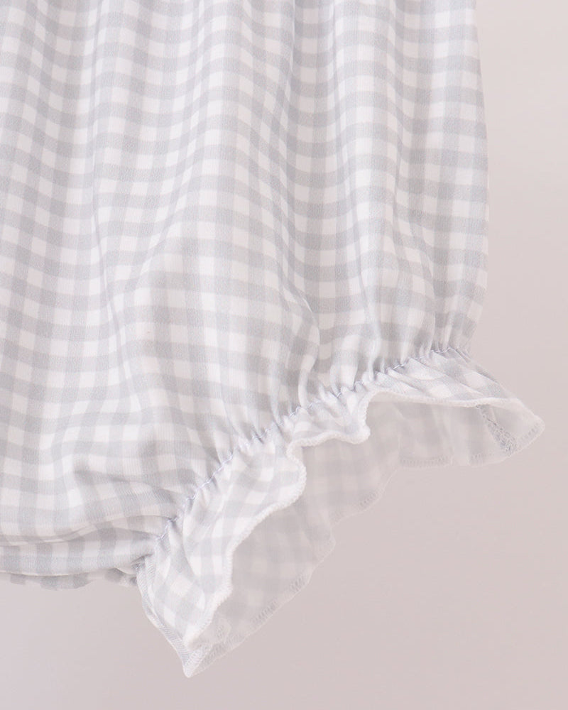 White gingham baby bloomer with layered ruffle hem and elastic waist