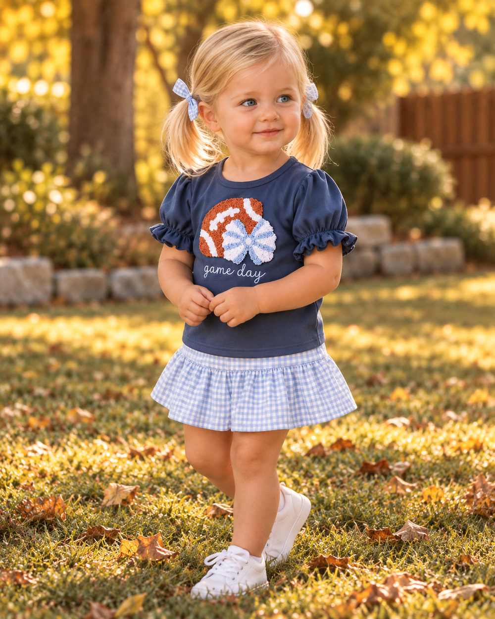 Toddler wearing navy football skort set with 'game day' applique and blue gingham skirt