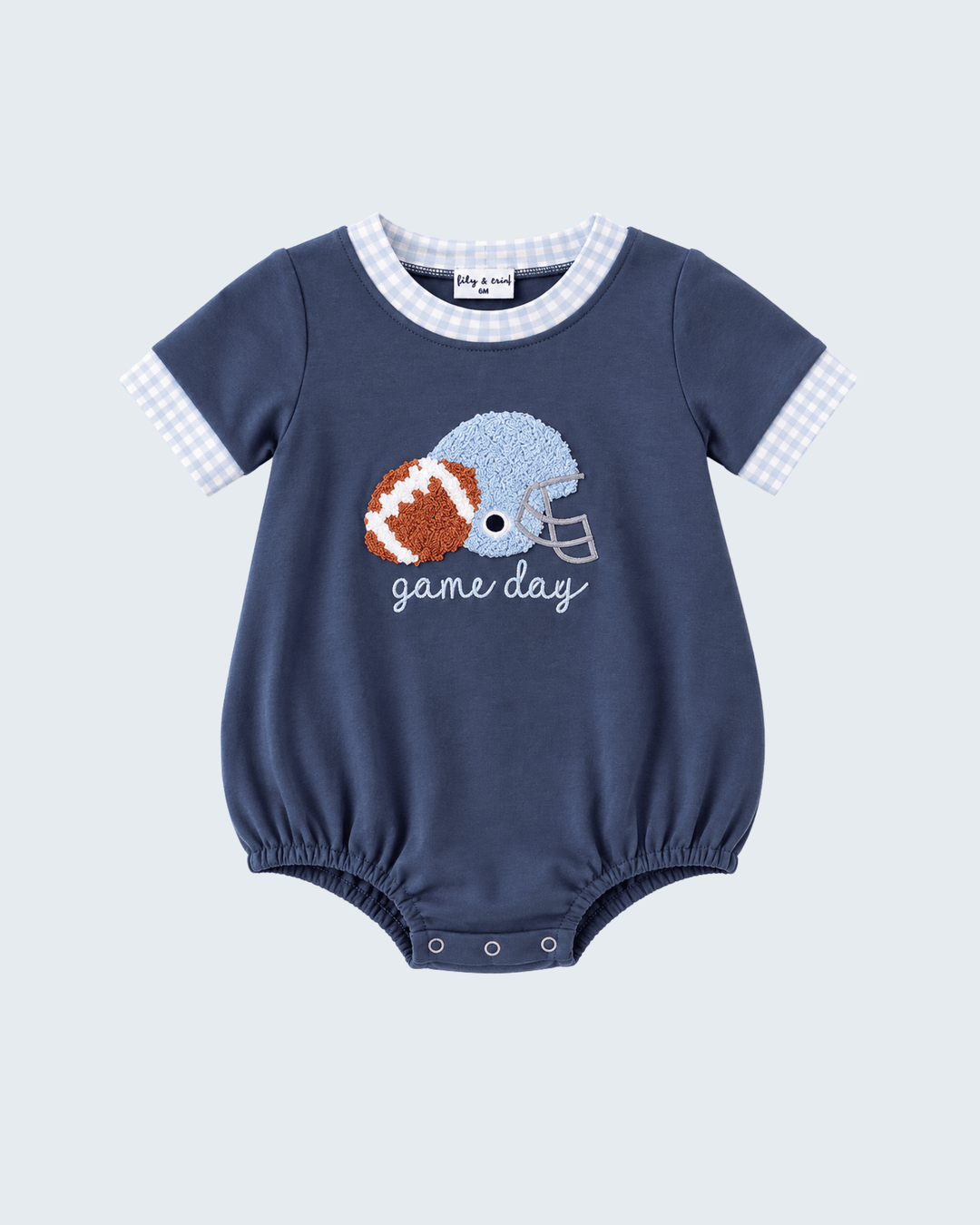 Navy baby romper with football applique, "game day" text, and snap legs