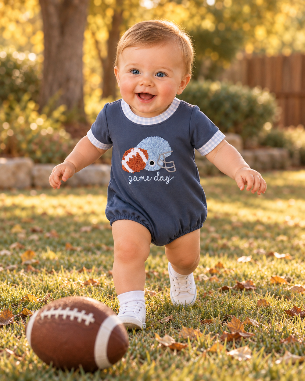 Navy football-themed baby romper worn by a toddler, gingham-trim sleeves