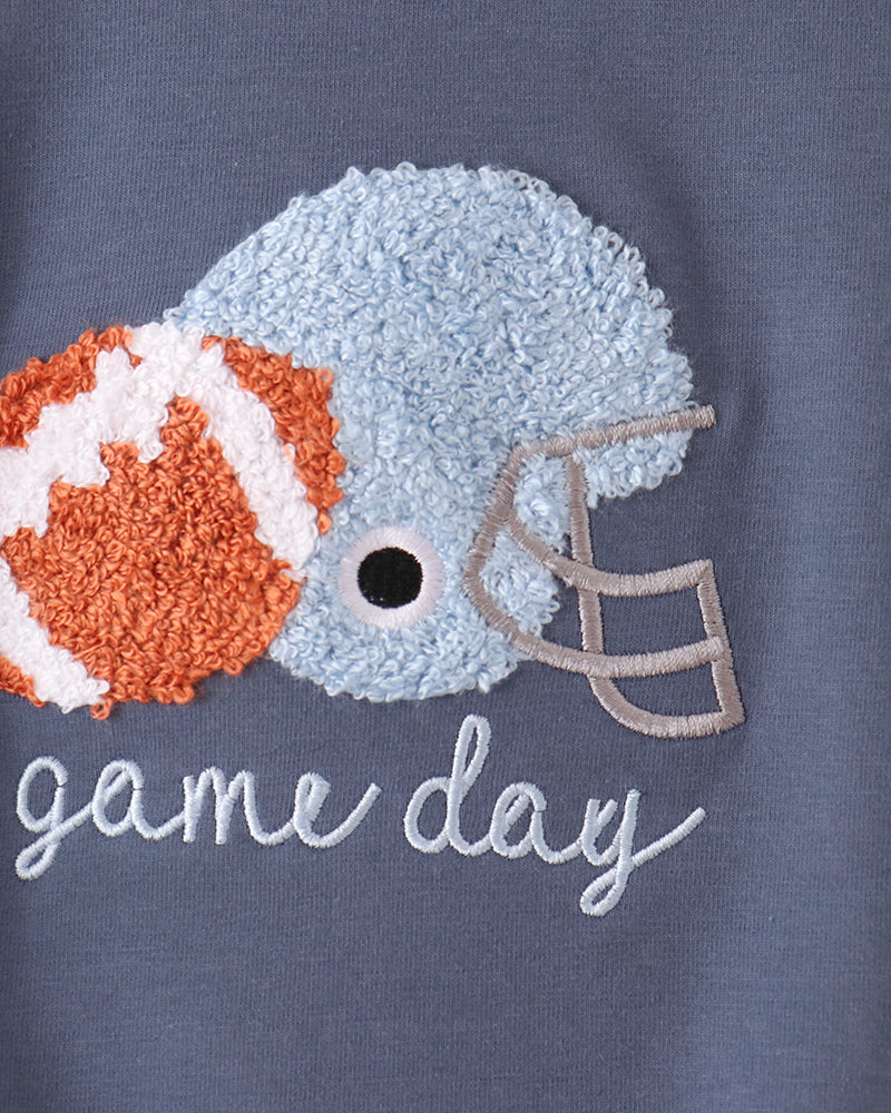 Navy football-themed baby romper with football applique and "game day" embroidery