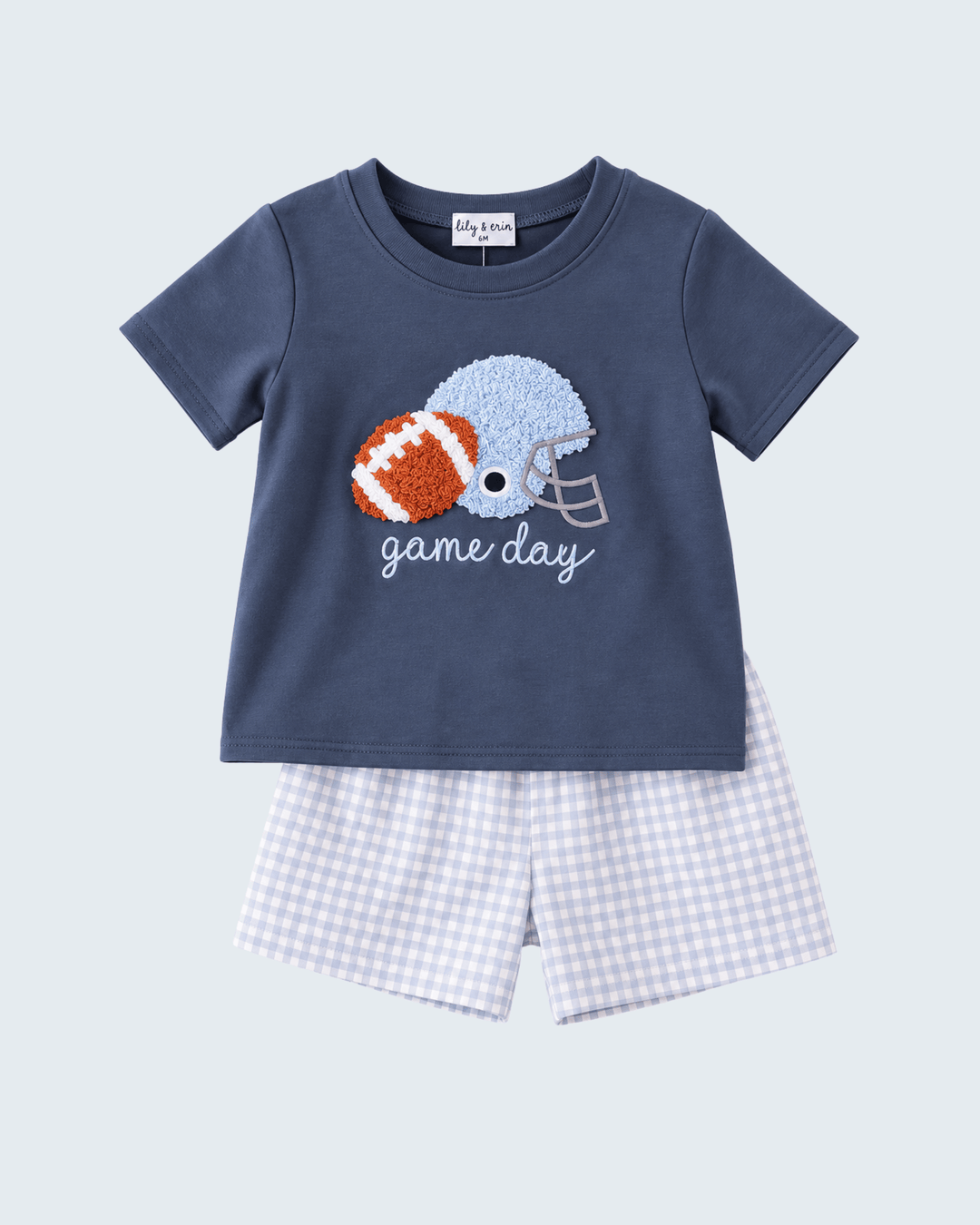 Navy football applique T-shirt with light blue gingham shorts, two-piece outfit
