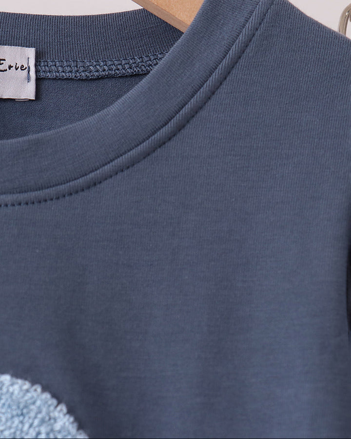 Navy crew-neck T-shirt with stitched neckline and inner tag