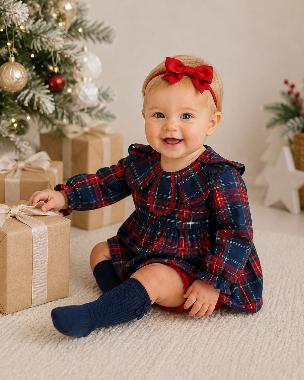 Navy plaid petal-collar tunic with matching bloomers, long sleeves