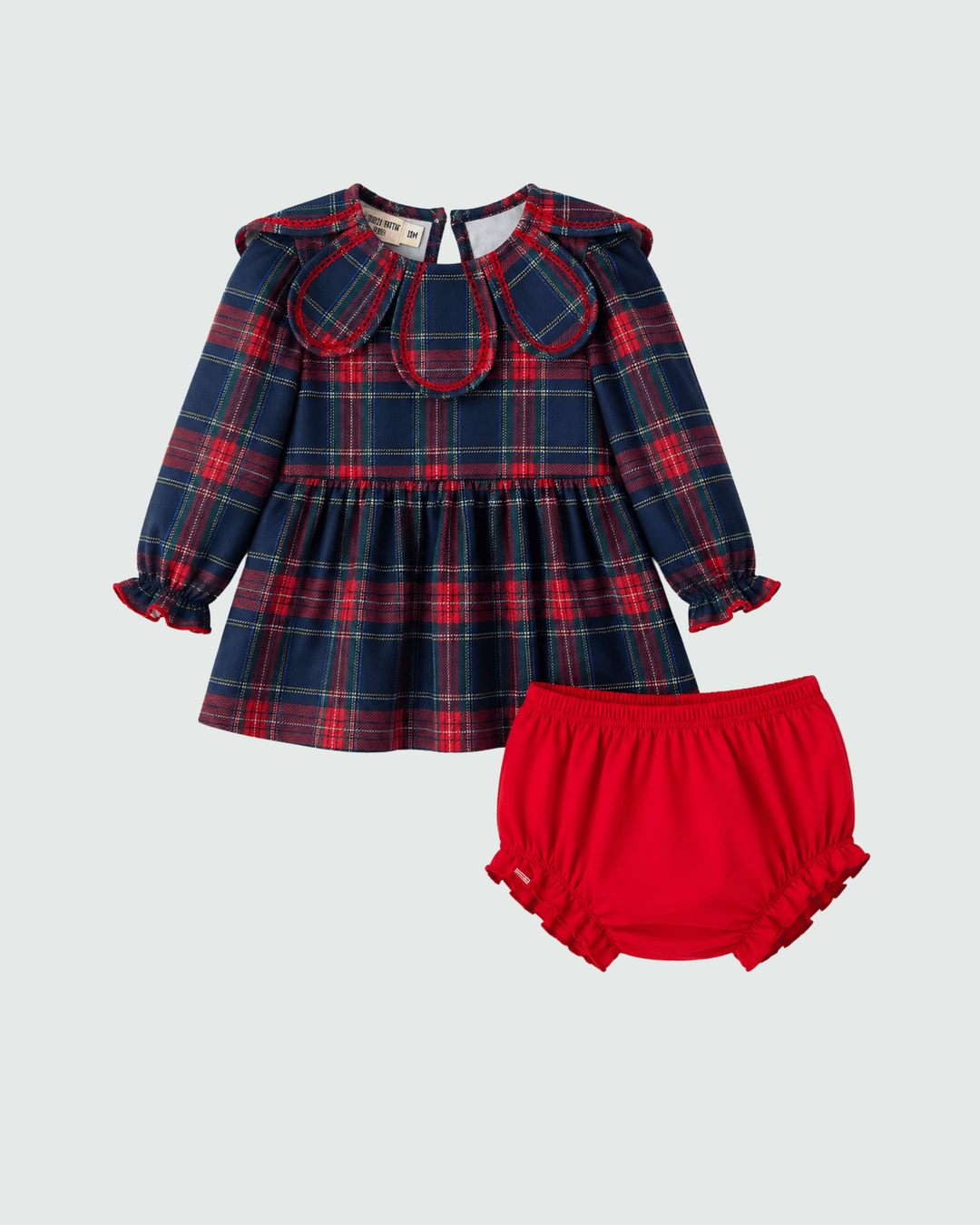 Navy plaid petal-collar long-sleeve tunic with red ruffled bloomers set