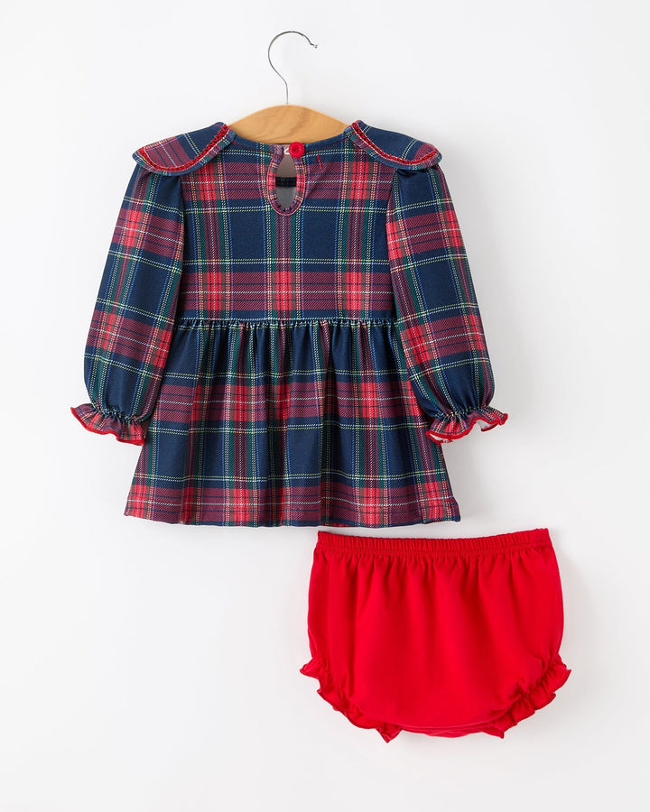 Girls plaid long-sleeve dress with petal collar and red bloomers, front view