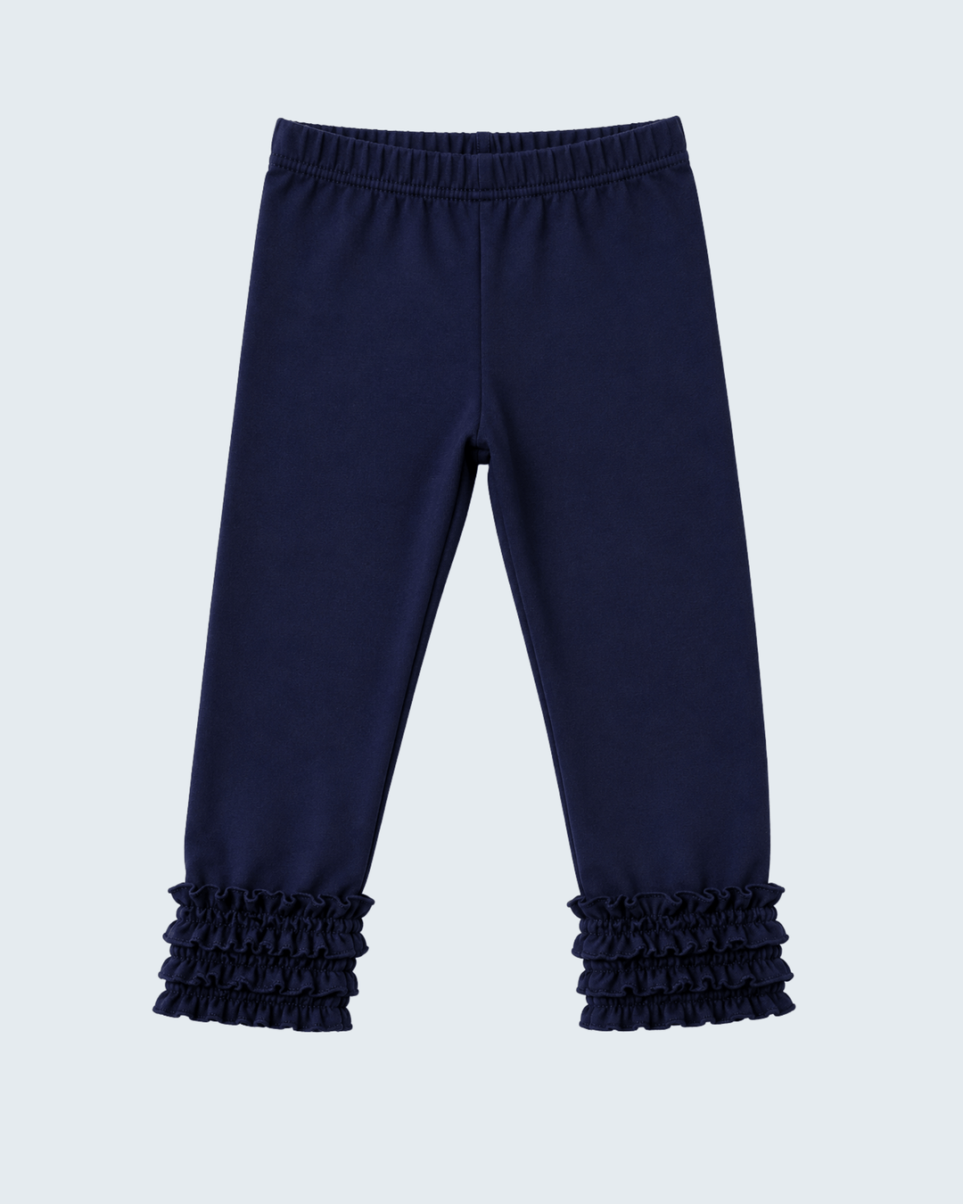 Navy pull-on leggings with elastic waist and ruffle ankle cuffs.