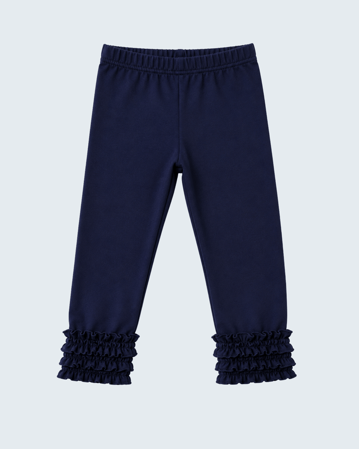 Navy pull-on leggings with elastic waist and ruffle ankle cuffs.