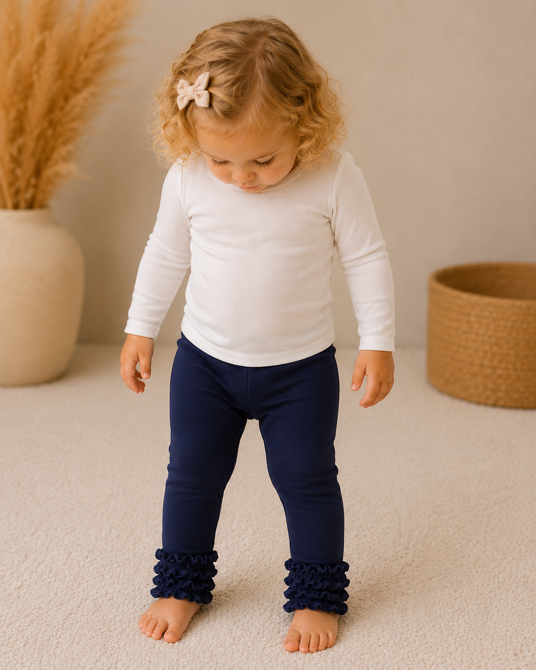 Navy leggings with elastic waist and ruffled ankle cuffs on a child.