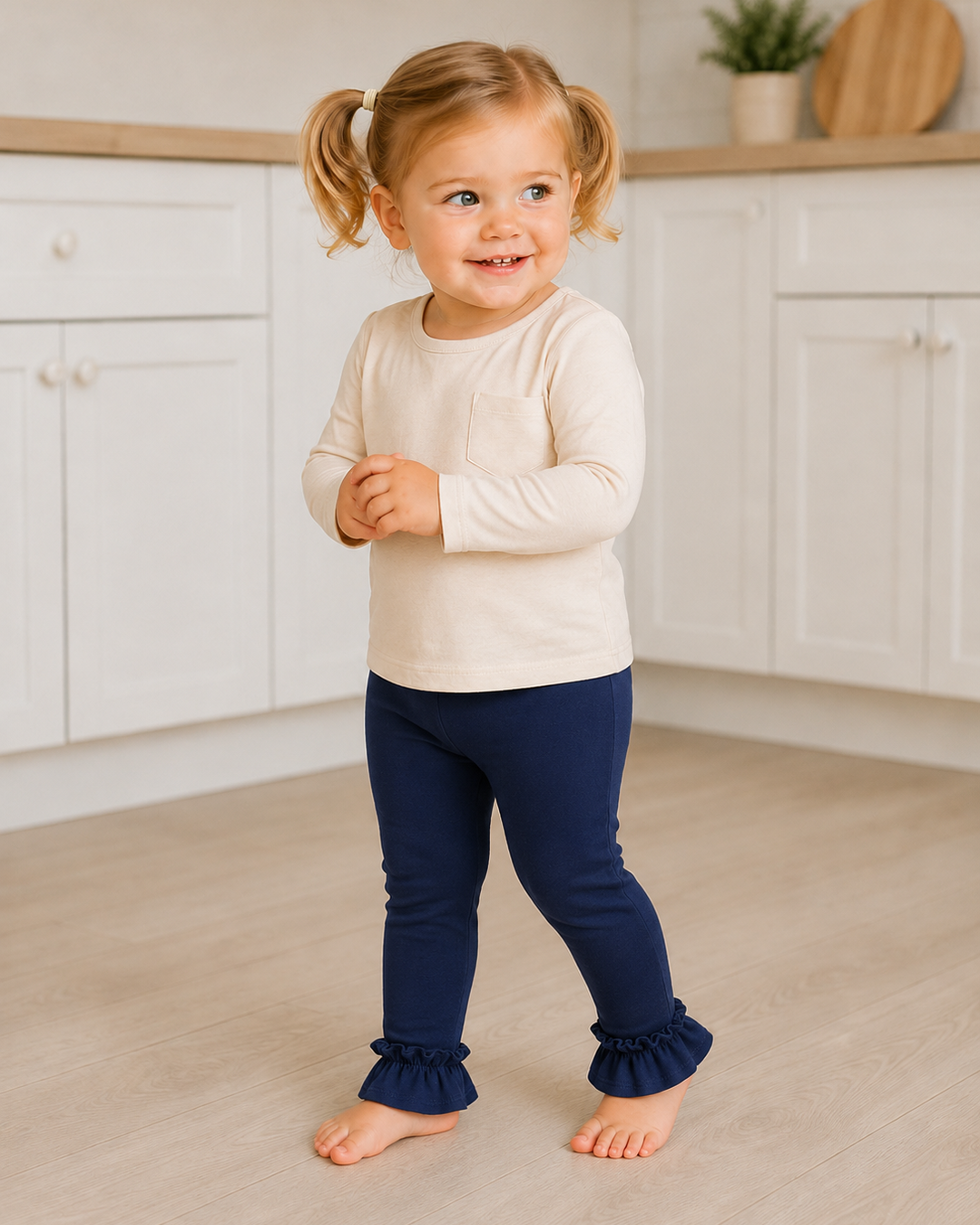 Child wearing navy leggings with ruffle ankle cuffs