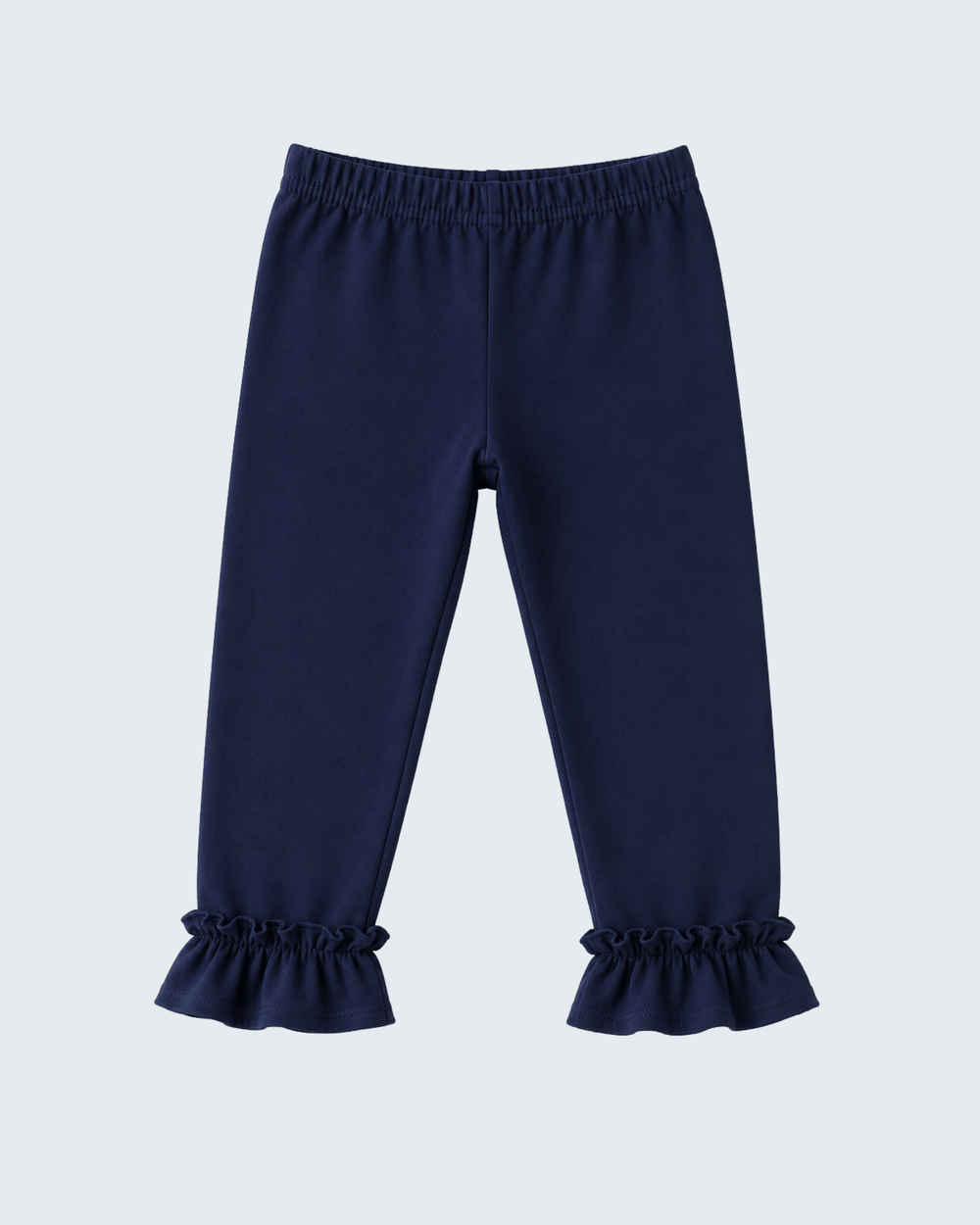 Navy leggings with ruffle cuffs on both legs, flat view