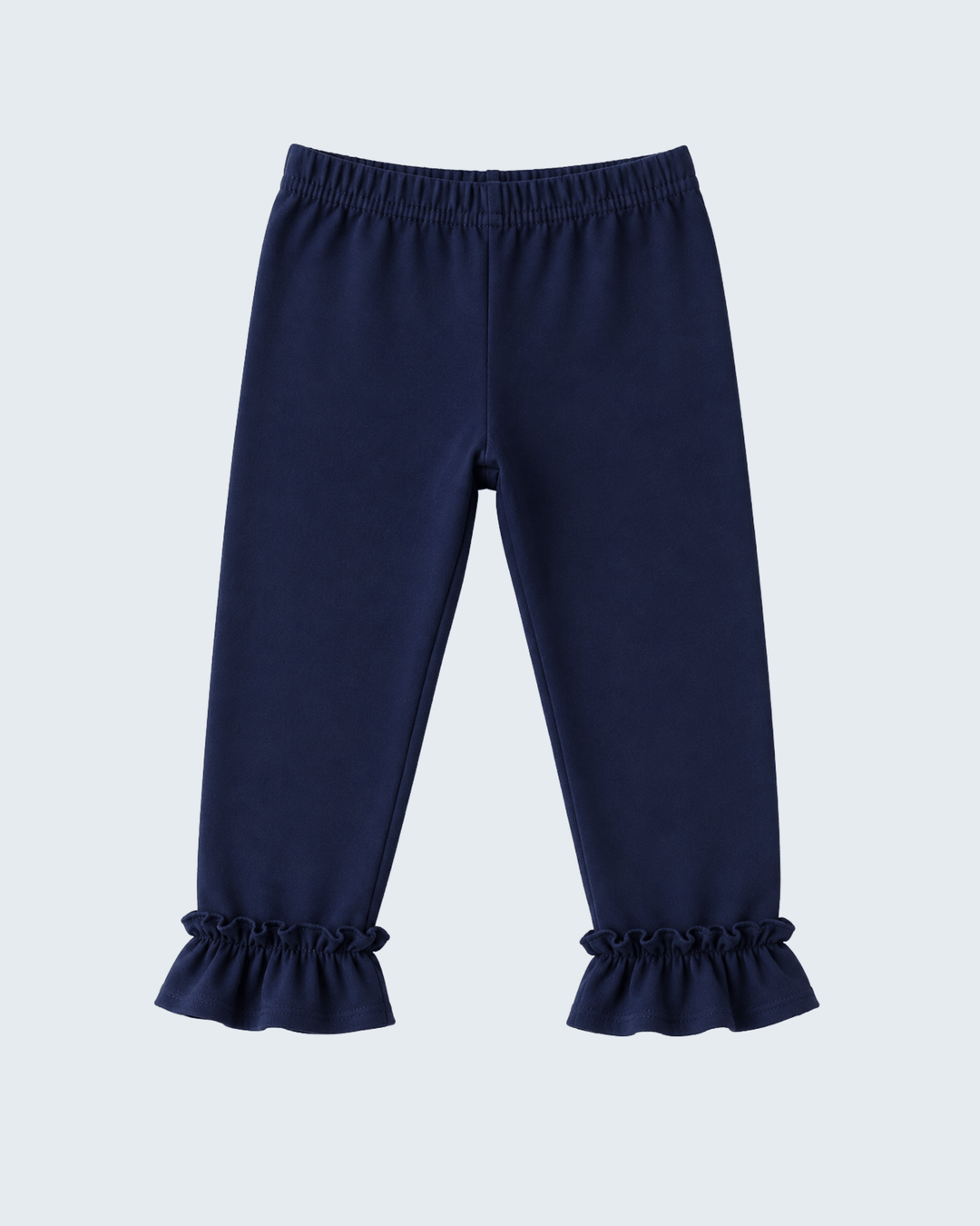 Navy leggings with ruffle cuffs on both legs, flat view