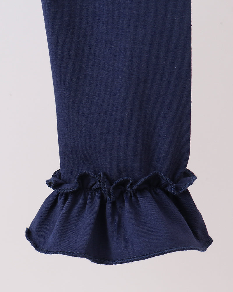 Navy leggings with gathered ruffle hem cuffs