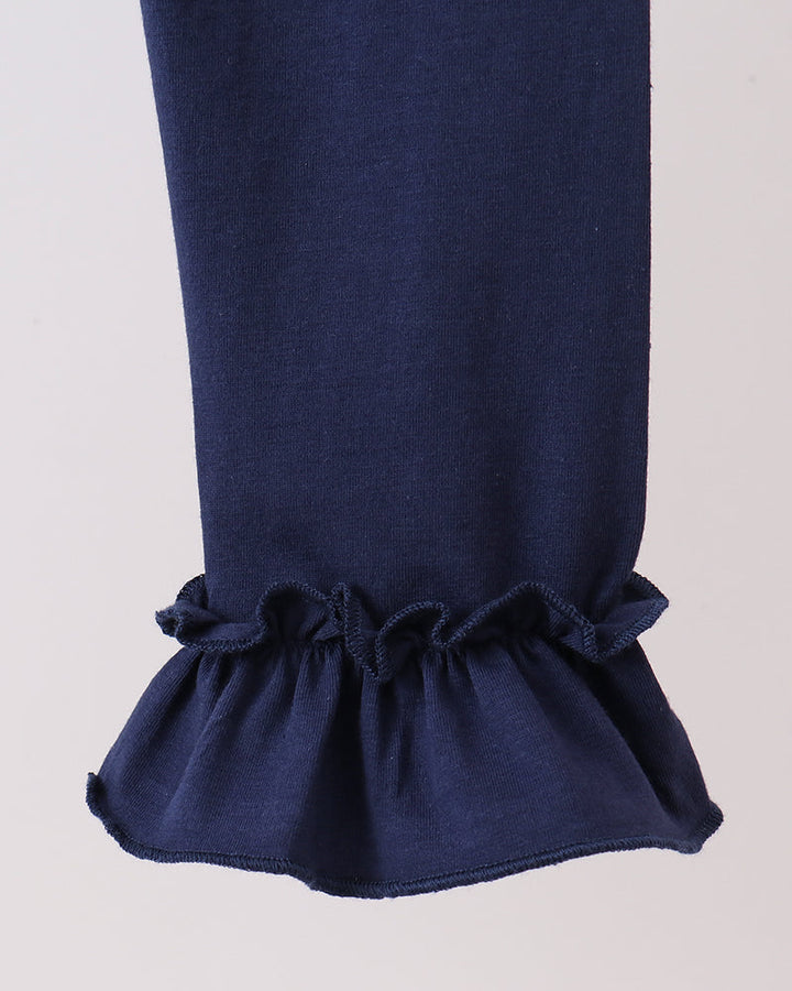 Navy leggings with gathered ruffle hem cuffs