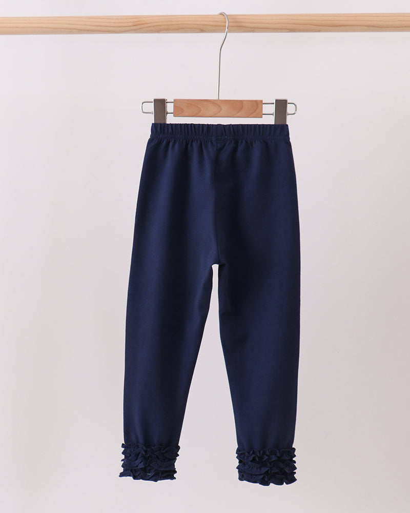 Navy leggings with elastic waist and ruffle-trim ankle cuffs.