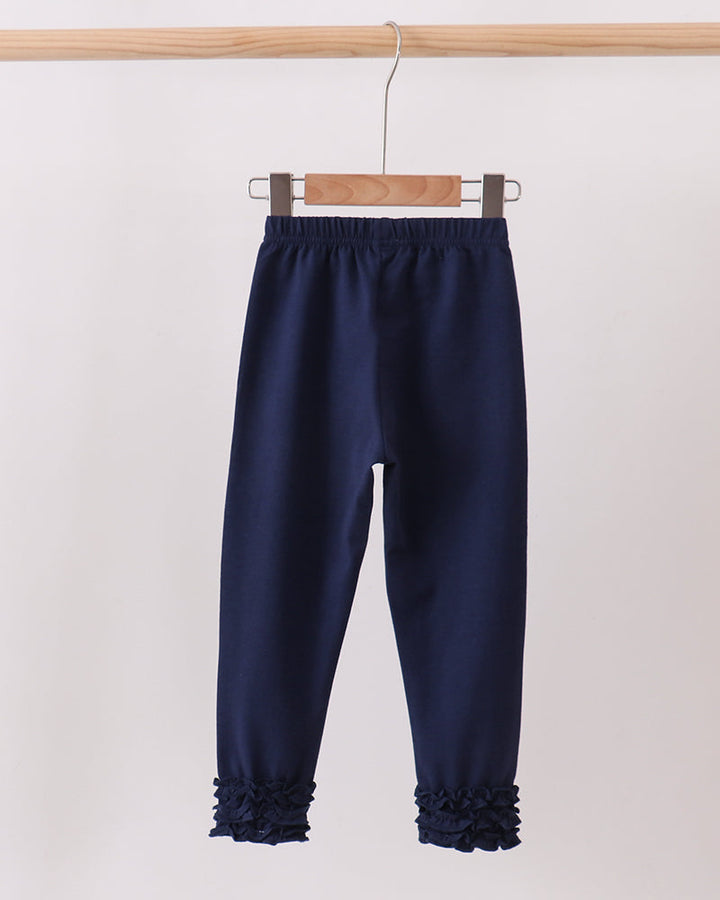 Navy leggings with elastic waist and ruffle-trim ankle cuffs.